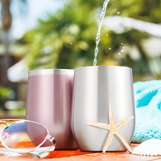 COMOOO Rose Gold Stainless Steel Wine Tumbler Bulk with Lid and Straw 12oz Double Wall Vacuum Insulated Tumbler Cup Stemless for Hot and Cold Drinks, Coffee, Wine, Cocktails Rose gold, 8 Pack
