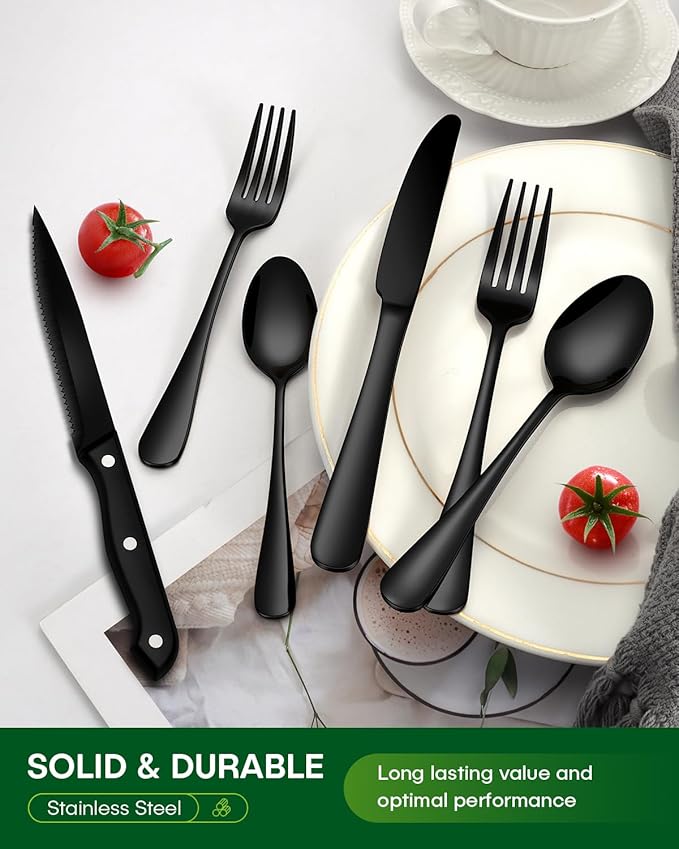 PHILIPALA Black Silverware Set, 48-Piece Flatware Set with Steak Knives for 8, Stainless Steel Mirror Cutlery Include Forks Spoons and Knives Set, Dishwasher Safe Utensils Set for Home Restaurant