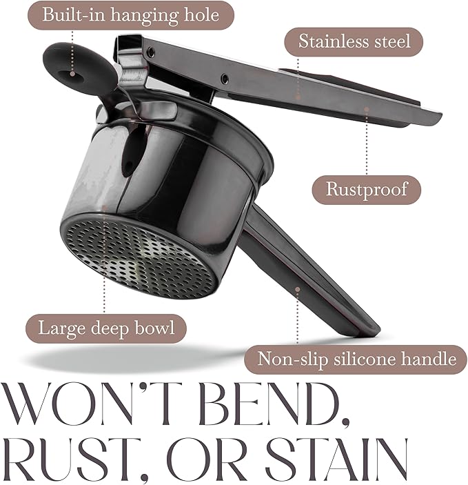 Bellemain 15 oz Large Potato Ricer | Heavy-Duty Stainless Steel Potato Ricer & Masher | Perfect for Mashed Potatoes | Ricer Kitchen Tool with 3 Interchangeable Discs (Metallic Black)