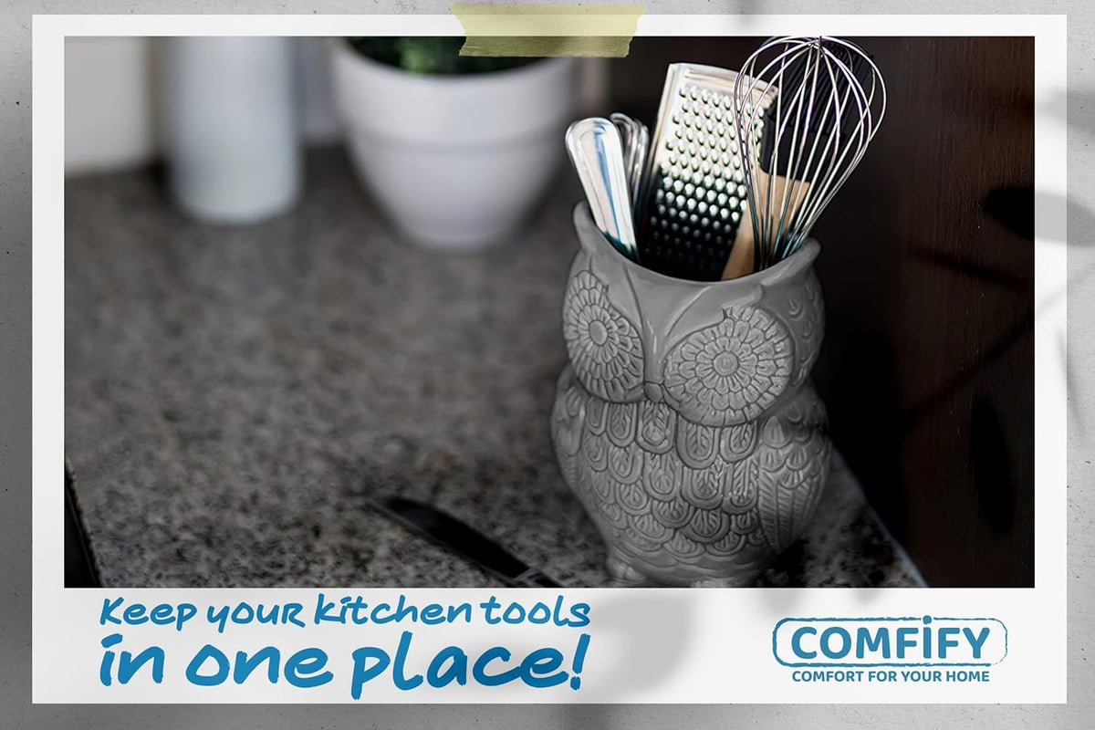 Owl Utensil Holder Decorative Ceramic Cookware Crock & Organizer, in Lovely Grey Color - Utensil Caddy and Perfect Kitchen Ceramic Decor Gift - 5" L x 7" H x 4" W
