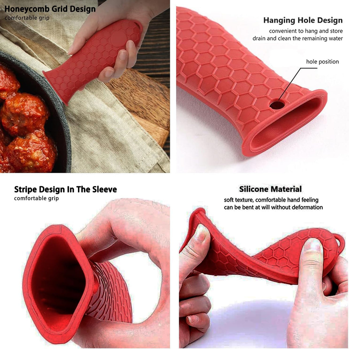 3 Pack Silicone Cast Iron Skillet Handle Cover - Heat Resistant Pot Handle Sleeve Grip for Frying Pans, Griddles, Dutch Ovens & Baking Sheets (Red)