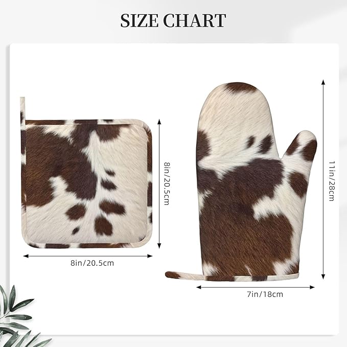 Cow Print Oven Mitts and Pot Holders Set Silicone Heat Resistant Brown Cowhide Western Farmhouse Kitchen Gloves Set Cow Print Kitchen Mittens Pot Holders for BBQ Cooking Baking Grilling