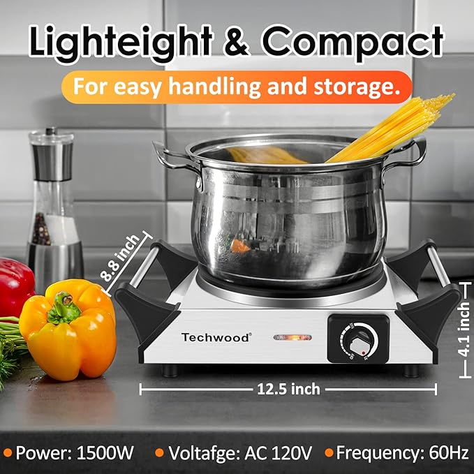 Techwood Hot Plate for Cooking, 1500W Electric Stove Countertop Single Burner with Adjustable Temperature & Stay Cool Handles, 7.5” Cooktop for Home/RV/Camp, Compatible for All Cookwares, Silver