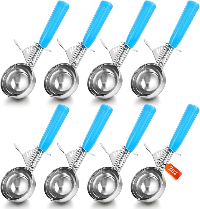 Reallnaive 8 Pcs Release Cookie Scoops Ice Cream Scooper with Trigger Release Portion Scoop Stainless Steel for Portion Control, Baking Food, Cookie Dough (2 oz,Blue)
