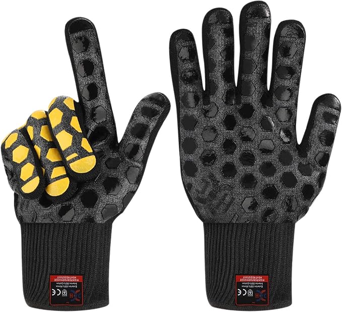 J H Heat Resistant Oven Glove:EN407 Certified 932 °F, 2 Layers Silicone Coating, Oven Mitts for Cooking, Kitchen, Fireplace,Camping, Grilling (Black/Yellow, Regular Cuff)
