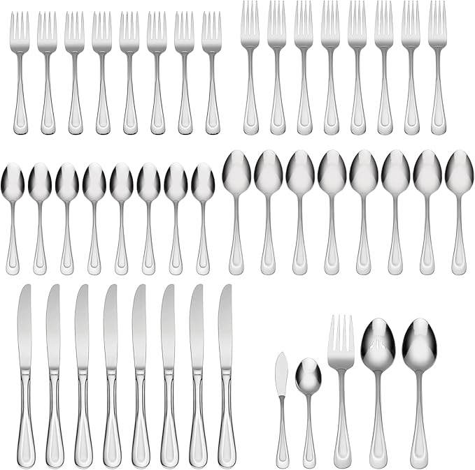 Oneida Silverware Set For 8, Satin Sand Dune 45-Piece Everyday Flatware Set with Serving Utensils, Service For 8, 18/0 Stainless Steel Silverware, Knives Spoons and Forks (Silver, 45 Piece)