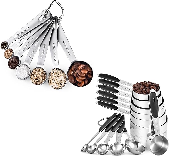U-Taste 18/8 Stainless Steel Measuring Spoons Set for Dry and Liquid Ingredients(Set of 7), and Upgraded Measuring Cups and Spoons Set of 12 with Reinforced Welded Handle (Black)