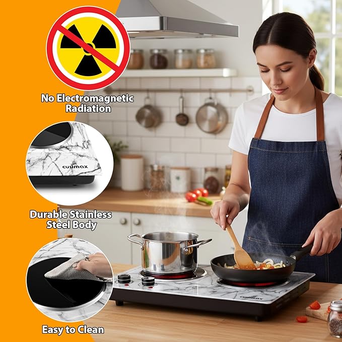 CUSIMAX Hot Plate, 1800W Double Burner Electric Hot Plate for Cooking, Dual Control Portable Infrared Stove Countertop Cooktop, Heat-up in Seconds, Stainless Steel White Marble