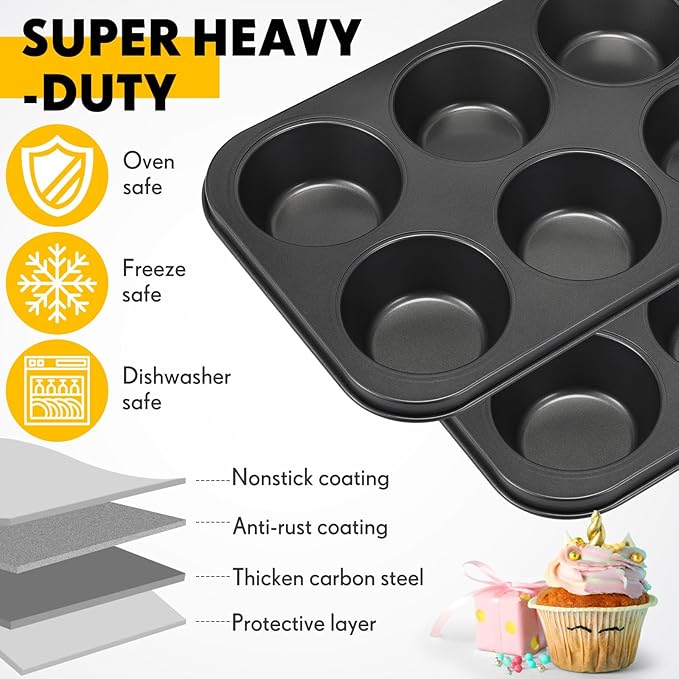 Blushtier 6 Pack Nonstick Jumbo Muffin Baking Pan Muffin Tins Heavy Duty Cupcake Tin Gold Carbon Steel Cup Cake Tray for Baking Cupcakes, Dishwasher Safe Small Muffins Tarts(Jumbo,Black)