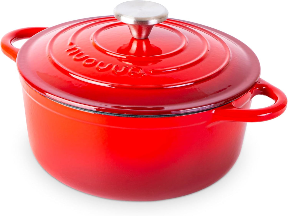Cast Iron Dutch Oven with Lid – Non-Stick Ovenproof Enamelled Casserole Pot – Sturdy Dutch Oven Cookware – Red, 3.1-Quart, 22cm – by Nuovva
