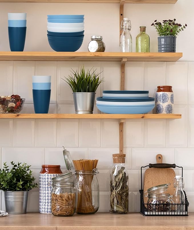 Quatish 24 Piece Plates and Bowls Sets for 6, Unbreakable Dinnerware Sets, Dish Set for Camping, Dishwasher Microwave Safe, Outdoor Kitchen and Apartment Dinning RV Essentials, Blue