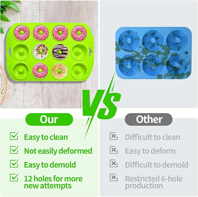 12 hole Silicone Donut Pan, Bite Size Silicone Donut Molds for baking, Mini Donut Mold Heat Resistant, Mini Donut Pan for baking Donuts, Muffin, Cake Biscuit Bagels, Non-stick Bottom, Dishwasher Safe