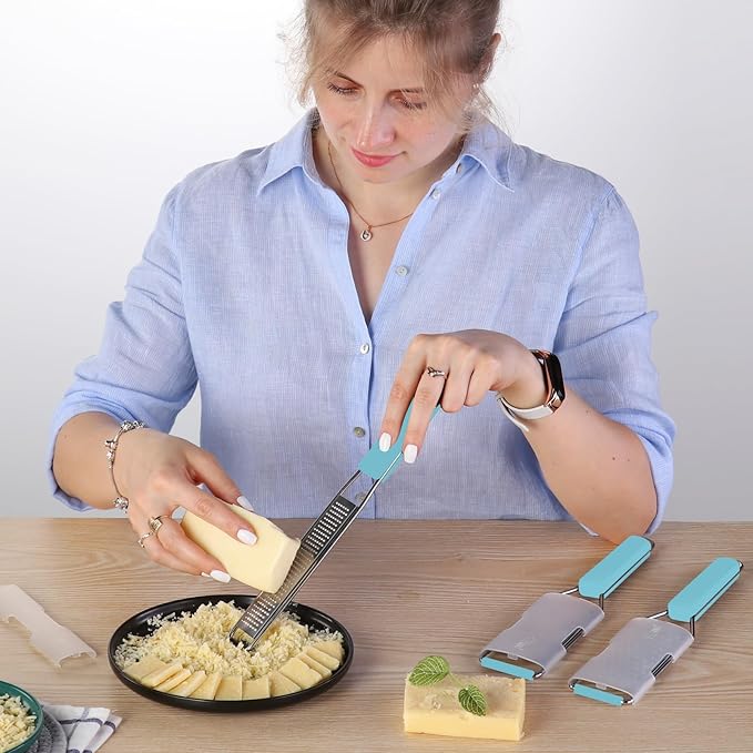 Cambom Lemon Zester Grater Three-piece Suit - Heavy Duty Kitchen Tool for Parmesan Cheese, Ginger, Garlic, Nutmeg, Chocolate, Vegetables，Fruits，Stainless Steel Grater Dishwasher Safe Blue
