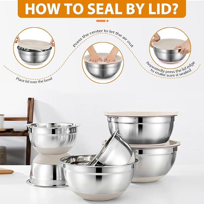 CHAREADA Mixing Bowls with Airtight Lids, 18pcs Stainless Steel Nesting Colorful Mixing Bowls Set Non-slip Silicone Bottom, Size 4.5, 3.6, 2.7, 2.1, 1.7, 1.1, 0.7 qt, Fit for Mixing & Serving (Khaki)