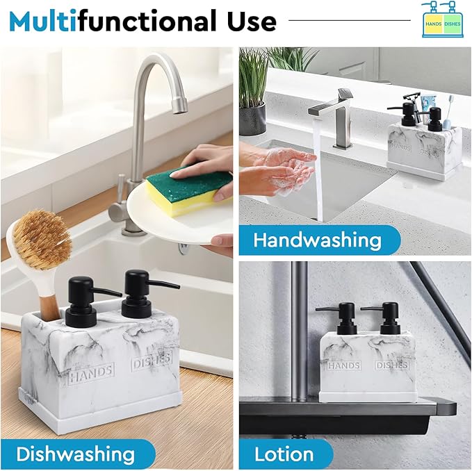 Kitchen Soap Dispenser Set,with Liquid Hand and Dish Soap,Sponge Holder and Brush Holder 4-in-1 Dual Soap Dispenser Set for Kitchen Sink, Bathroom - Artificial White Marble Look