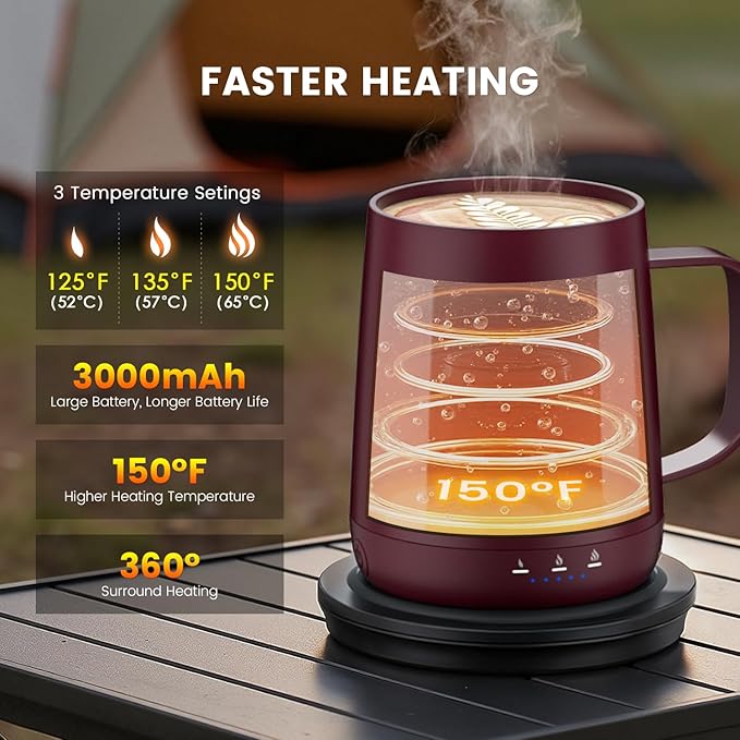 Smart Self Heating Coffee Mug,14oz Temperature Control Coffee Mug,Hot up to 150°F,Rechargeable Heated Coffee Mug,Up to 6H Battery Life,Coffee Cup Warmer,Great Gift for Coffee Lovers,Dad,Mom (Claret)