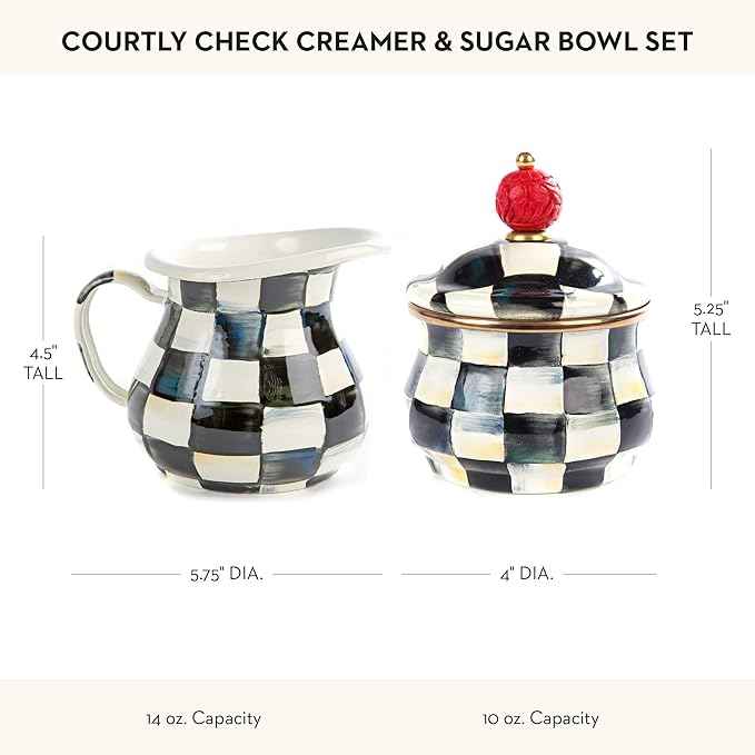 MACKENZIE-CHILDS Enamel Creamer and Sugar-Bowl Set, Cream Dispenser and Sugar Holder, Unique Kitchen Decor, Black-and-White Courtly Check