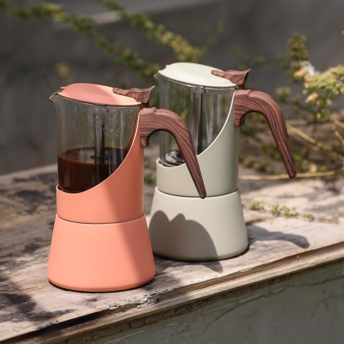 Glass Moka Pot for Stovetop & Induction - Italian Espresso Maker with Wood Handle & Leak-Proof Design - Comes with Induction Heat Diffuser Plate (9 Cup,360ml)
