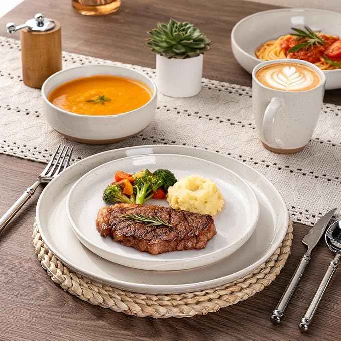 AmorArc Ceramic Dinnerware Sets, Handpainted Plates and Bowls Set with Rustic Terracotta Underside, Scratch Resistant Stoneware Dishes Set, Dishwasher & Microwave Safe