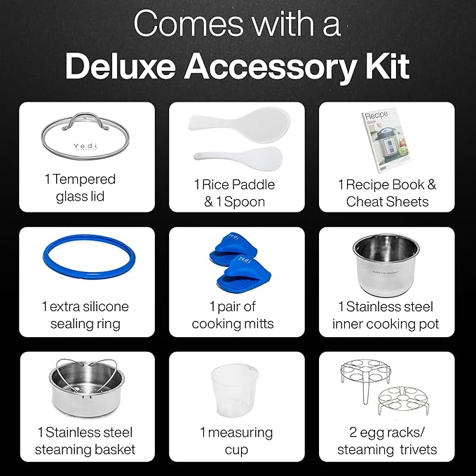 Yedi Houseware Total Package Pressure Cooker- 9-in-1 Digital Screen with Endless Recipes and Deluxe Accessory Kit Stainless Steel 6 Litres