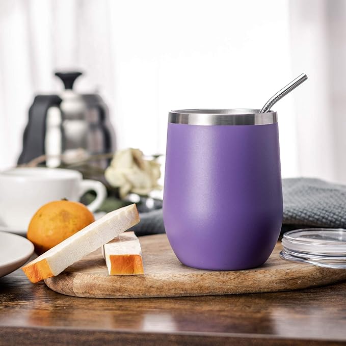COMOOO Stainless Steel Wine Tumbler 4 Pack with Lid and Straw 12oz Double Wall Vacuum Insulated Travel Tumbler Cup Stemless for Hot and Cold Drinks, Coffee, Wine, Cocktails, Purple