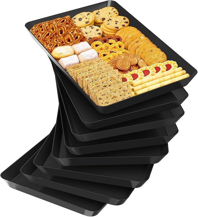 SpaceTrove 8-Pack Serving Tray Set, Reusable Plastic Serving Platter for Party Supplies, Entertaining, Grilling Accessories, Stackable Kitchen Snack Container for Dessert, Fruit, Cookie, (Black)