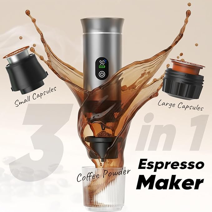 Portable 3-in-1 Espresso Coffee Maker, Self-Heating & Rechargeable with Smart Display — Works with Ground Coffee, Small & Large Capsules; Travel & Camping Mini Machine, 20-Bar Extraction, 80 ml Cup