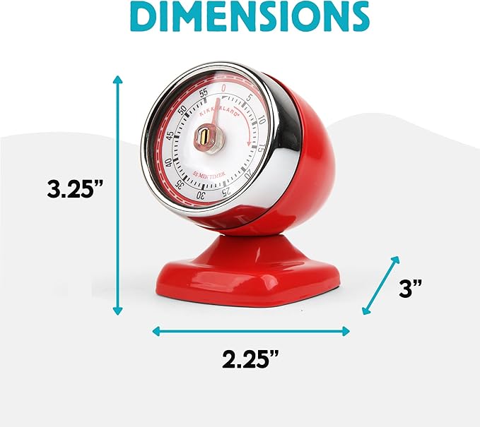 Kikkerland Vintage Streamline Timer – Retro Decor for Home & Kitchen – Windup Timekeeper in Red