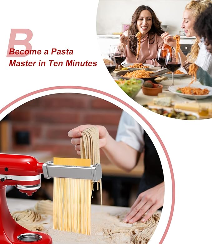 3 PCS Pasta Maker Attachments for All KitchenAid Stand Mixers, Pasta Accessories Including Pasta Roller, Fettuccine Cutter, and Spaghetti Cutter for Noodle Ravioli, 304 Stainless Steel,Cleaning Brush