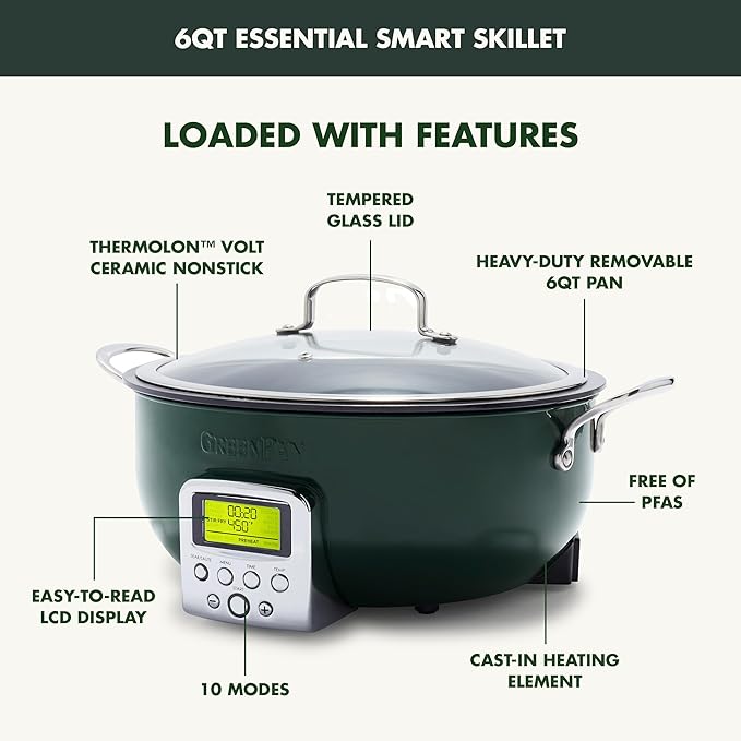 GreenPan Elite Essential Smart Electric 6QT Skillet Pot,Sear Saute Stir-Fry and Cook Rice, Healthy Ceramic Nonstick and Dishwasher Safe Parts, Easy-to-use LED Display, PFAS-Free, Ponderosa Pine
