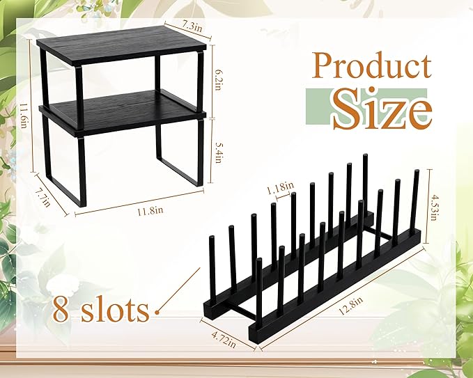 Marsui 4 Pcs Kitchen Organizer Accessories Set Cabinet Organizer Shelf and Bamboo Dish Drying Plate Rack Counter Shelves Storage Holder for Spice Rack, Dish, Pot Lid, Bowl, Cup (Black)