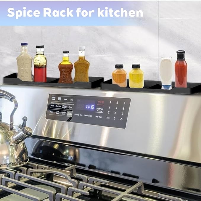 15 Inch Magnetic Silicone Stove Top Shelf,Heat Resistant Over The Stove Spice Rack for Kitchen,Space Saving Organizer Back of Stove,Includes 6 Additional Sticky Boards(Black,15''x3.8'')