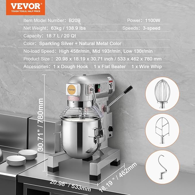 VEVOR Commercial Food Mixer 20Qt, Commercial Mixer with 3 Adjustable Speeds, 1100W Dough Mixer,Commercial Stand Mixer with Stainless Steel Bowl