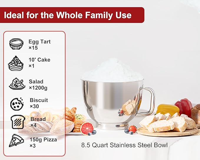 Kitchen in the box Stand Mixer - 8.5 Quart Mixing Bowl with Handle, 900 Watt Heavy Bread Dough Standing Mixers Tilt-head with Dough Hook, Whisk, Flat Beater and Splash Guard (Red)