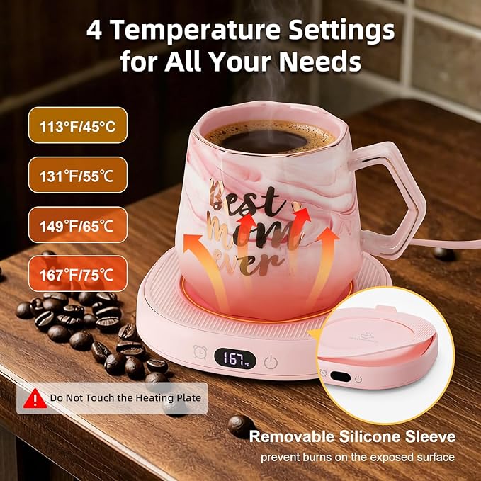 Coffee Mug Warmer & Best MOM Ever Mug Set, Smart Heated Electric Cup Warmer for Desk Office, 4 Temperature Control Beverage Tea Coffee Warmer, 8h Auto Shut Off Candle Plate, Women Mom Gifts from Son