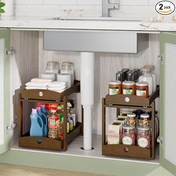 Bamboo Wood Under Sink Organizer 1 Pack, Pull Out Cabinet Organizer 2 Tier Under Sink Organizers and Storage w/Sliding Drawer Sturdy Easy Assembly for Kitchen Bathroom Undersink (Walnut, 2 Packs)