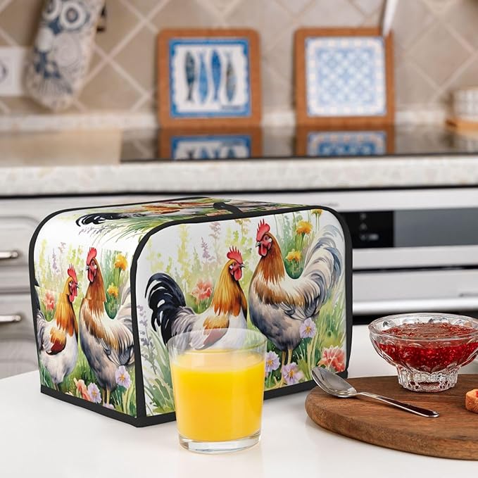 Watercolor Chicken Rooster Floral Toaster Cover 2 Slice Long Slot, Bread Maker Cover Washable Dust Protection Kitchen Small Appliance Toaster Oven Cover for 2 Slice