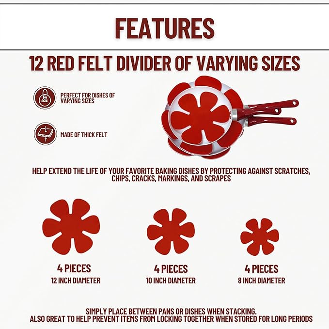 Evelots Pot and Pan Scratch Protectors for Stacking -12 Pack- Ceramic, Glass Cookware Divider, Nonstick Pad -Soft Anti-Slip Felt Separator - No Scratching or Marring When Stacking - 3 Convenient Sizes