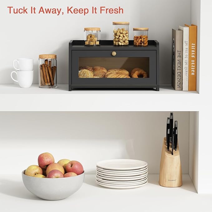 Goozii Black Bread Box for Kitchen Countertop, Small Vintage Counter Top Breadbox, Homemade Bread Storage Container for Sourdough Loaf, Farmhouse Wooden Corner Kitchen Counter Organizer for Cabinet
