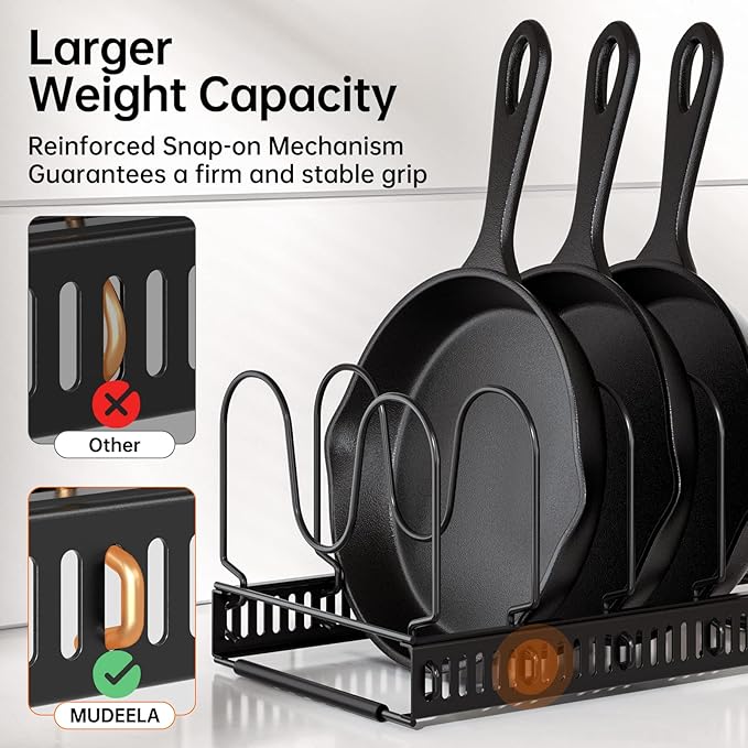 MUDEELA Pots and Pans Organizer Rack for under Cabinet, Expandable 11.81''-22.85'' Pot Lid Kitchen Cabinet Organizer Holder with 10 Adjustable Compartment Cutting Board Organizer for Pan Lid, Bakeware