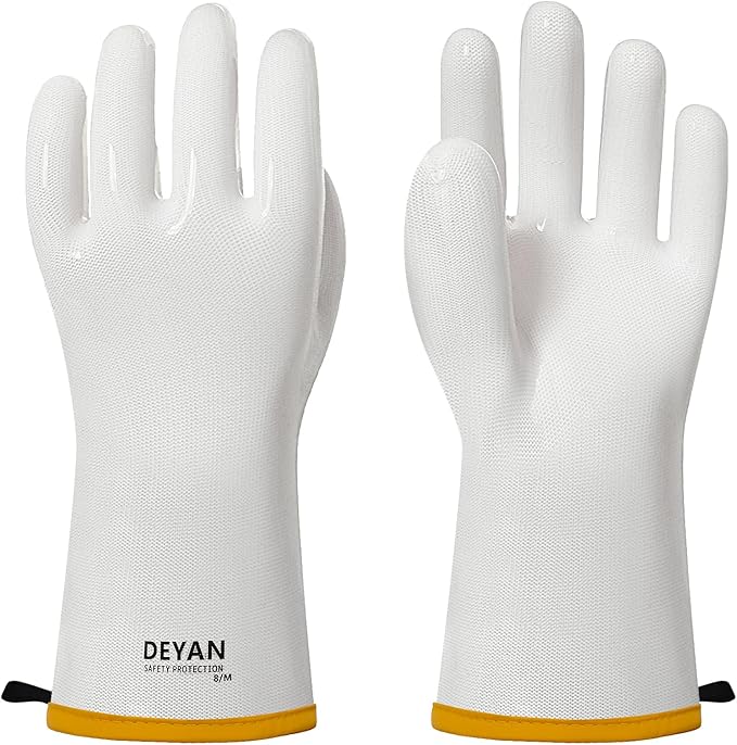DEYAN Silicone BBQ Gloves - 600°F Heat Resistant Oven Mitts for Grilling, Smoking & Baking - Waterproof, Oil Proof Non-Slip Kitchen Gloves for Cooking, Frying, BBQ Accessories(White, 9/L)