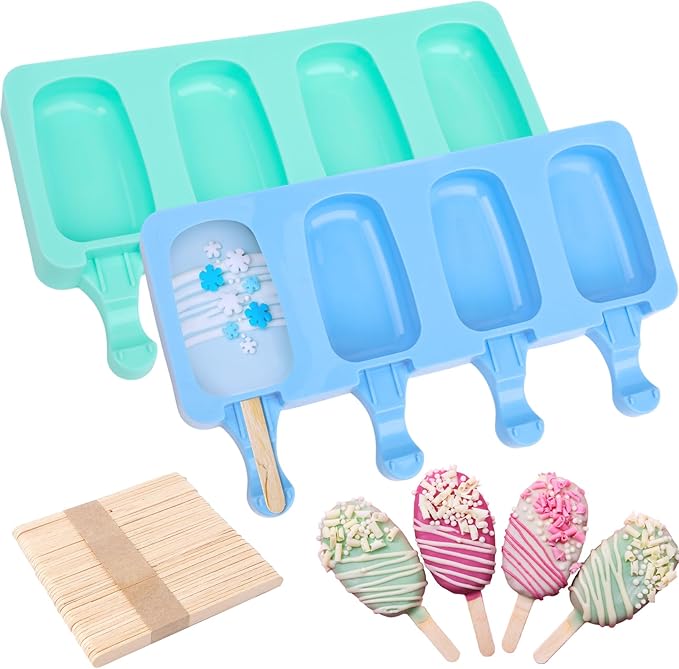 SAYAYA 2 Set Silicone Popsicle Molds with 100 Sticks, Reusable 4 Cavities Homemade Cake Pop & Cakesicle Mold for DIY Ice Cream, Ice Pop, Easy Release & Dishwasher Safe for Kids Family (Blue & Green)
