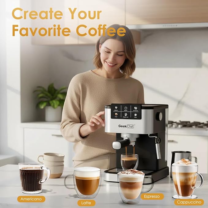 Geek Chef Espresso Machine with Milk Frother, 20 Bar Automatic Espresso Maker, Fast Heating Coffee Maker for Cappuccino, Latte & Iced Coffee, Easy to Use & Clean, for Home Barista