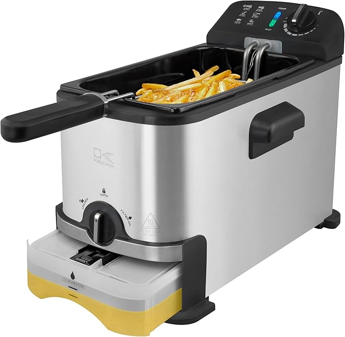 Kalorik Deep Fryer with Oil Filtration, Featuring Adjustable Temperature Control Dishwasher-Safe Basket and Easy-View Window with Odor Filters, 1700-Watts, 3.2-Quart, Silver