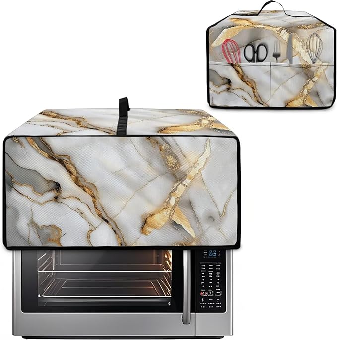 Toaster Oven Dust Cover with Storage Pockets, Protective Decorative Smart Oven Cover for for Kitchen Countertop, L, 18.5 x 22.5 x 13 inches, White Gold Gray Marble