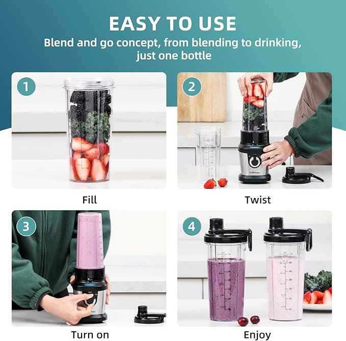 La Reveuse Personal Size Blender for Shakes Smoothies,400W, with 2 x 24 Oz Blending Cups and 2 Spout Lids,BPA-free