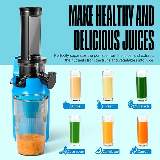 Ventray Ginnie Mini Cold Press Juicer, Small Slow Masticating Juicer for Vegetables and Fruits, High Juice Yield, Easy to Clean, Space-Saving, Fit for Personal/Travel/Picnic/Office - Blue