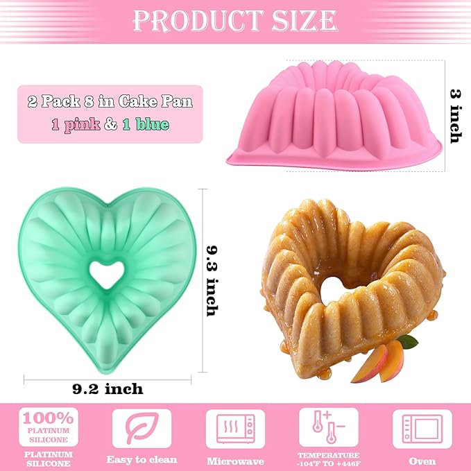 HUAKENER 2 Pack Heart Fluted Cake Pan, 9 Inch Heart Cake Molds, Nonstick Silicone Cake Molds