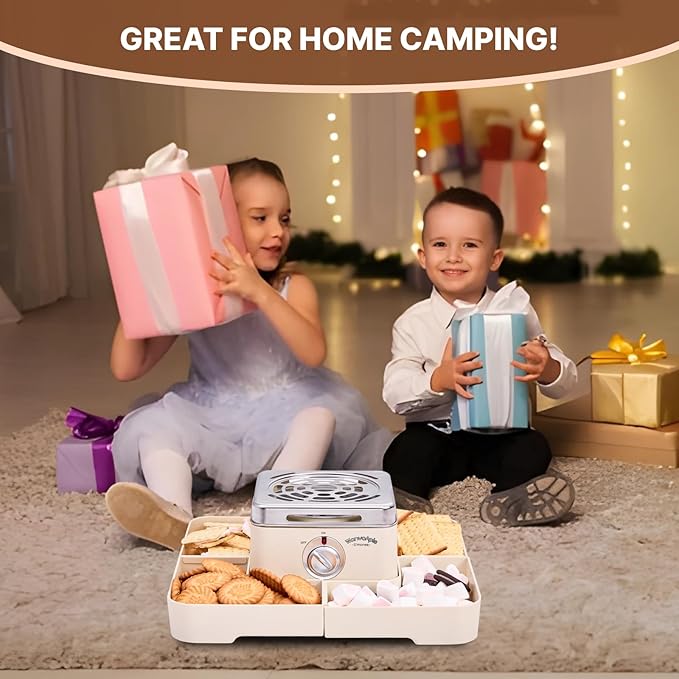 Electric Smores Maker - Indoor Smores Kit with 4 Detachable Trays, 4 Stainless Steel Forks - Flameless Smores Maker Tabletop Indoor Kit (White)