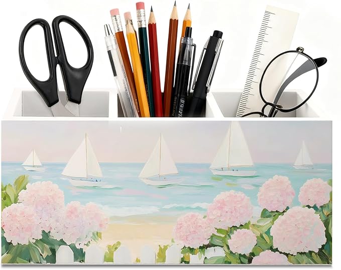 Pastel Pink Coastal Hydrangeas Wooden Utensils Holder, Aesthetic Beach Nautical Sailboat Seascape Wood Cooking Utensil Holder Organizer for Kitchen Countertop Counter Decor Accessories